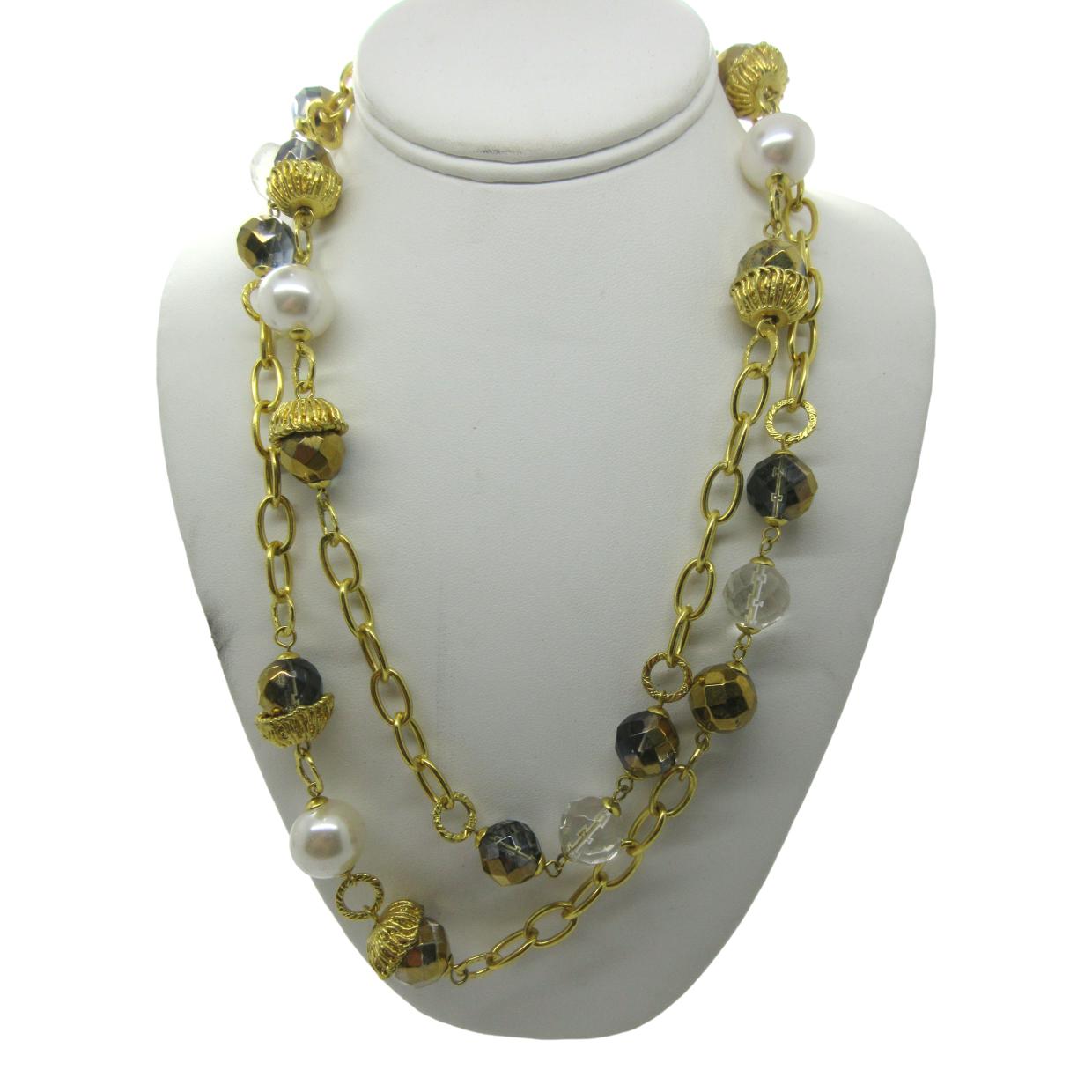 <i>Long Faux Pearls & Bronze Bead Necklace</i>