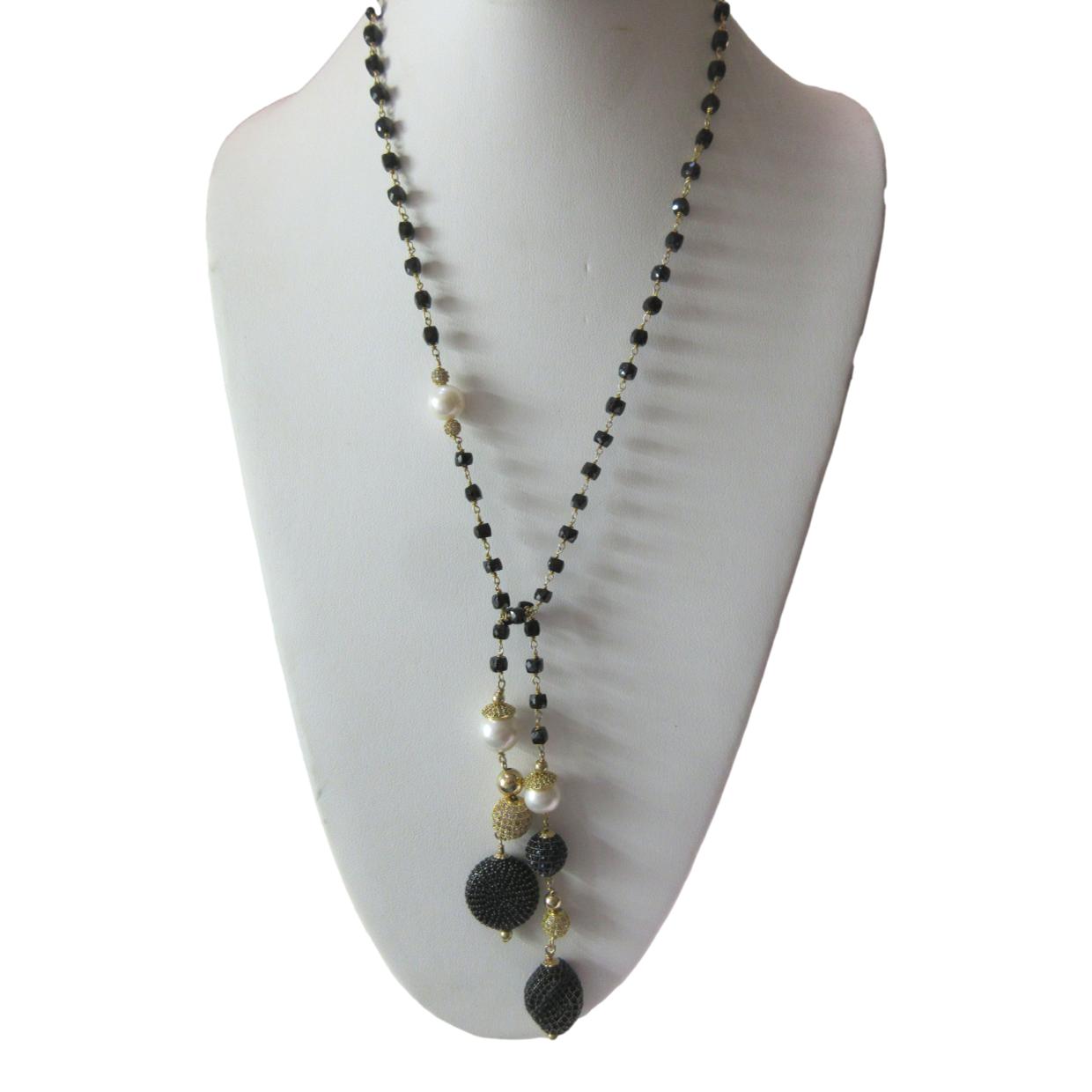 <i>Black Spinel Lariat with Pearls</i>